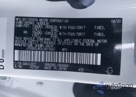 2020 Toyota 4Runner Sr5 Premium из США, поврежденный, VIN JTEBU5JR3L5819661